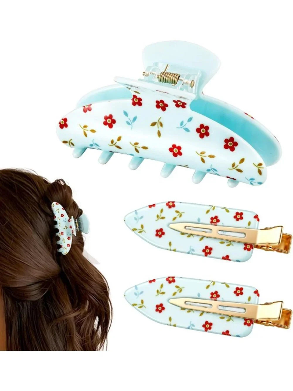 3 PCS Cute Blue Flower Hair Clips for Women & Girls | Stylish Claw Clips